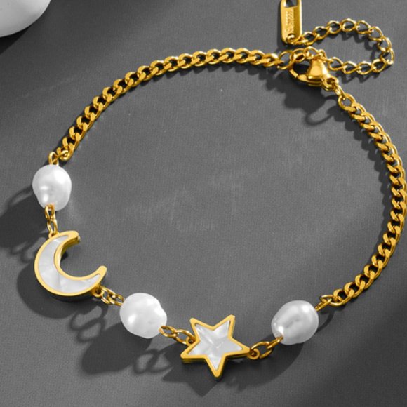 3/$35 Gold Plated Celestial Gold Charm Chain Bracelet Star Moon Pearls Stainless - Picture 7 of 7
